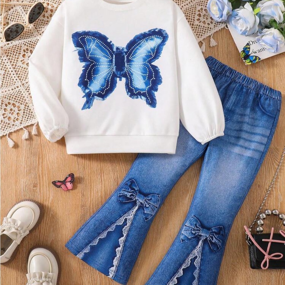 Blue Butterfly Shirt and Jeans Set